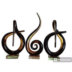 Vintage Murano Glassware Amber Swirl Sculptures With Clear Glass Bases